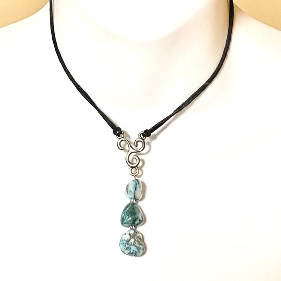 2/$20, Natural Teal Tree Agate Necklace, Genuine Gemstone Lariat Cord Necklace - Picture 2 of 13